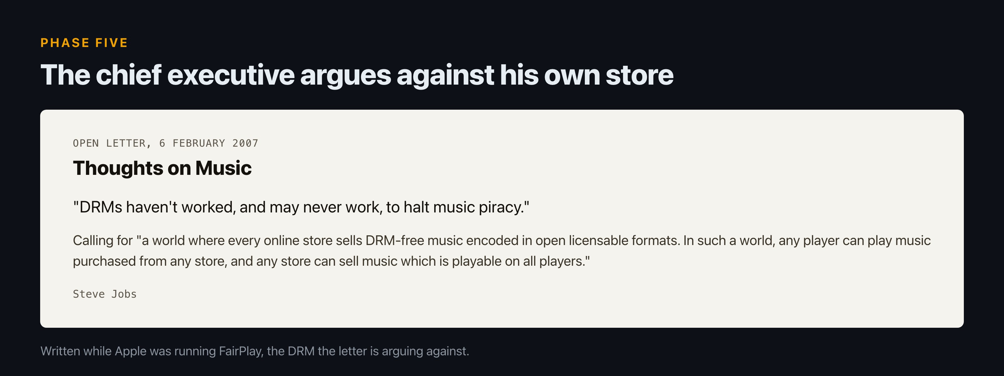 A rendering of the open letter Thoughts on Music, dated 6 February 2007, quoting Steve Jobs saying DRMs have not worked and may never work to halt music piracy, and calling for every online store to sell DRM-free music in open licensable formats.