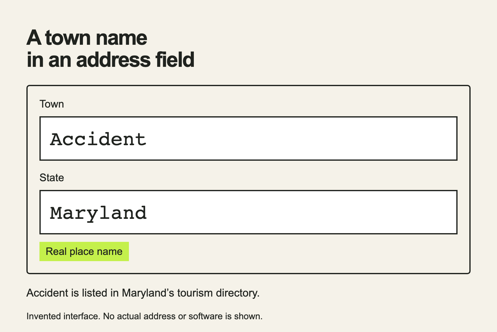 An invented address form with Accident entered as the town and Maryland as the state.