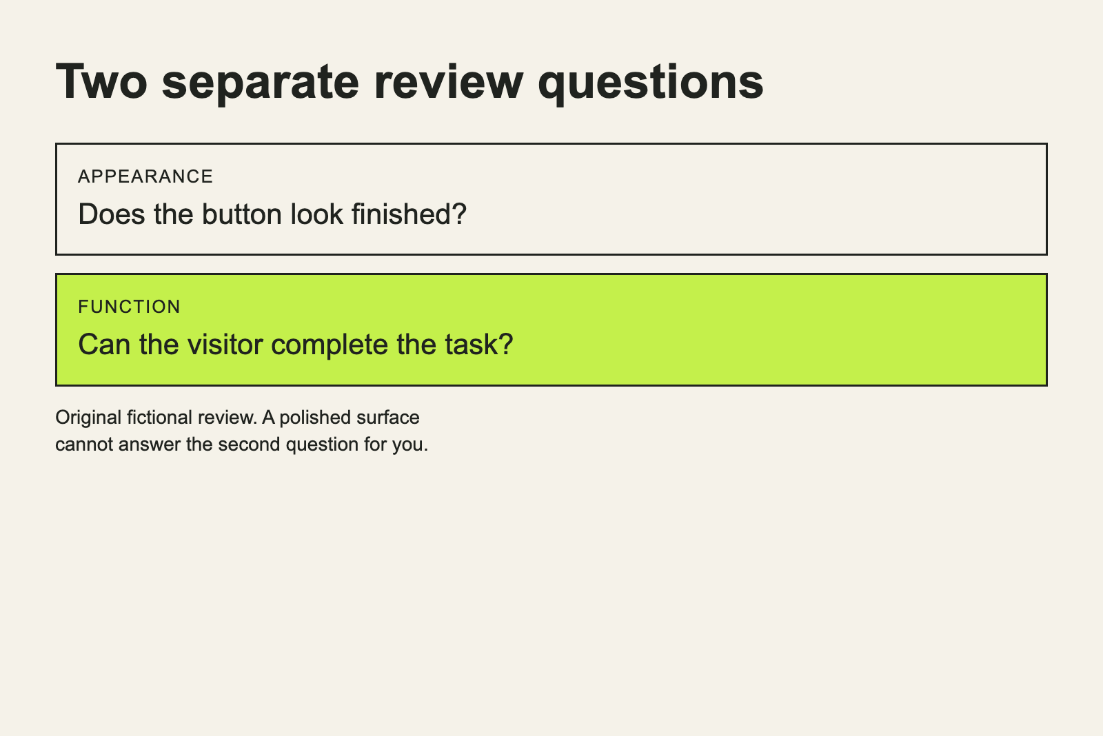 A fictional product review separates attractive appearance from a completed useful task.