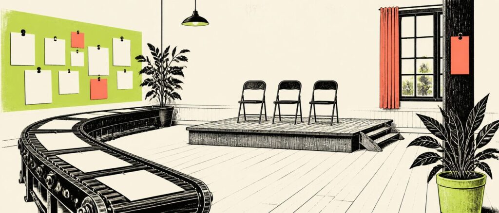 An imaginary paper conveyor beside a tiny stage and three empty chairs.