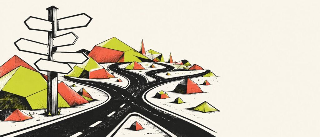 An imaginary junction with blank signposts and branching roads.