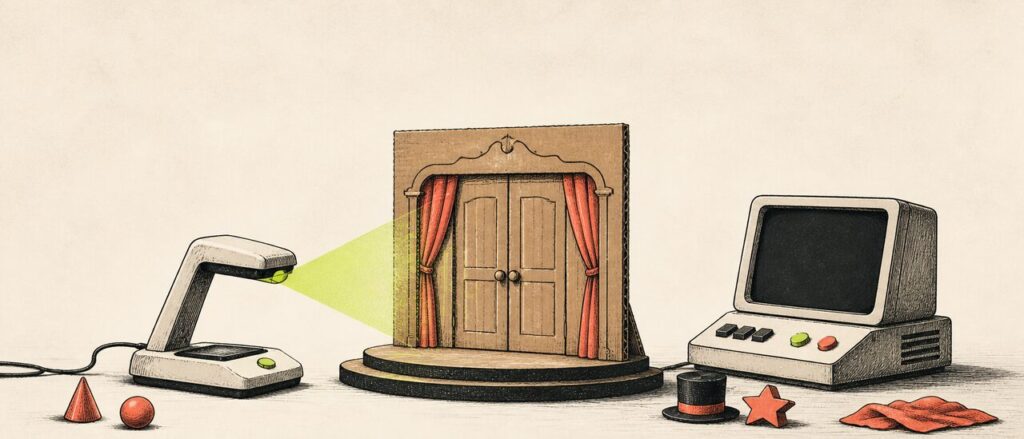 An original imaginary scanner points toward a closed theatrical door beside a blank computer console.