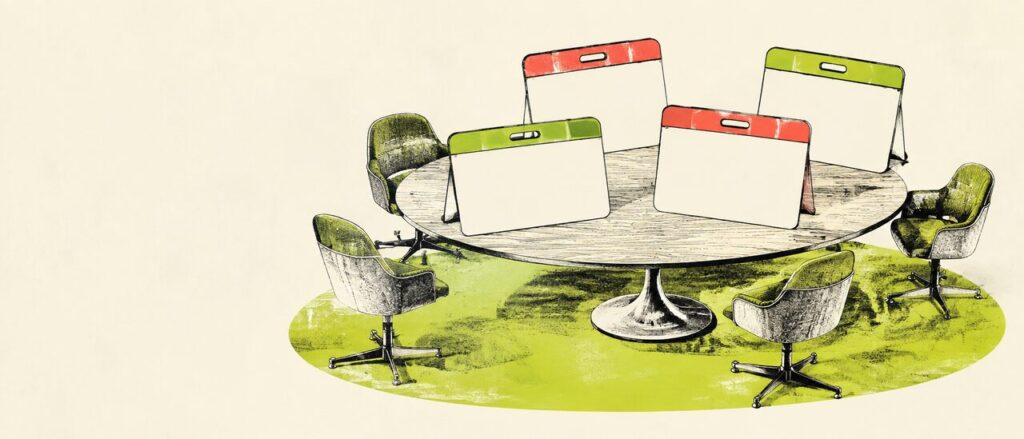 Oversized blank name tags gather around a tiny imaginary committee table with empty chairs.