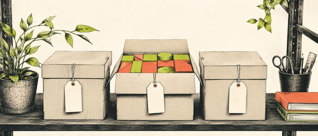 Blank tags hang from mysterious storage boxes, with one box open to reveal orderly geometric blocks.