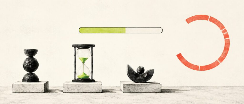 An hourglass and abstract sculptures sit beneath illustrated progress-bar and partial-ring shapes.