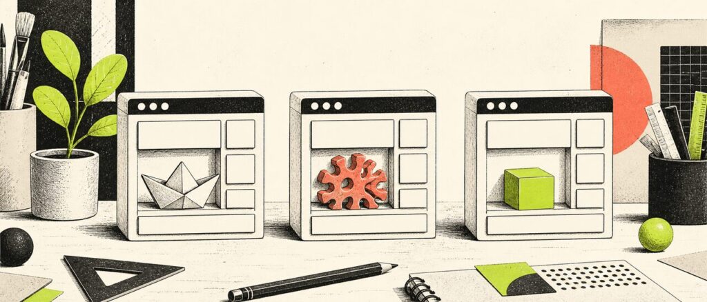 Three imaginary browser-window sculptures use similar blocks around different original geometric objects.