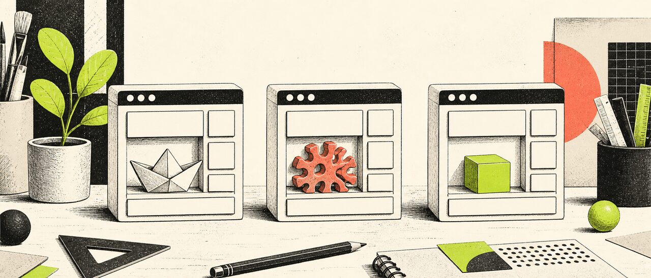 Three imaginary browser-window sculptures use similar blocks around different original geometric objects.