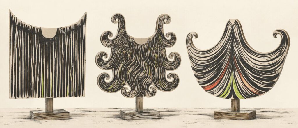 Three fictional cardboard beard shapes on wooden display stands.