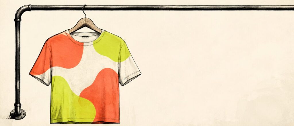 A fictional unbranded shirt with abstract coral and lime patches on a hanger.