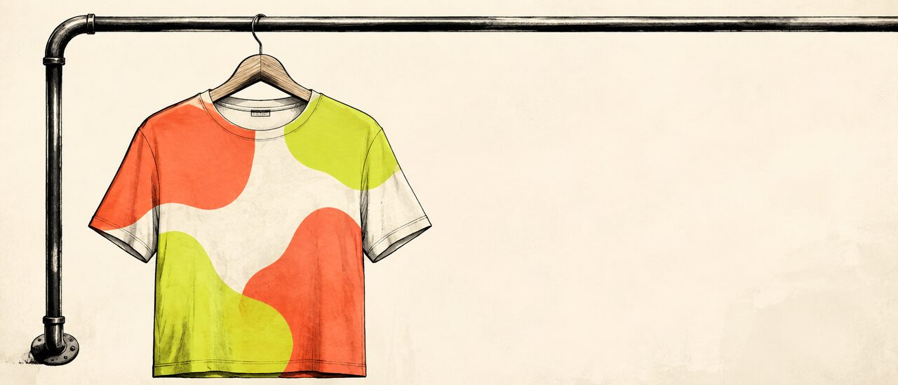 A fictional unbranded shirt with abstract coral and lime patches on a hanger.