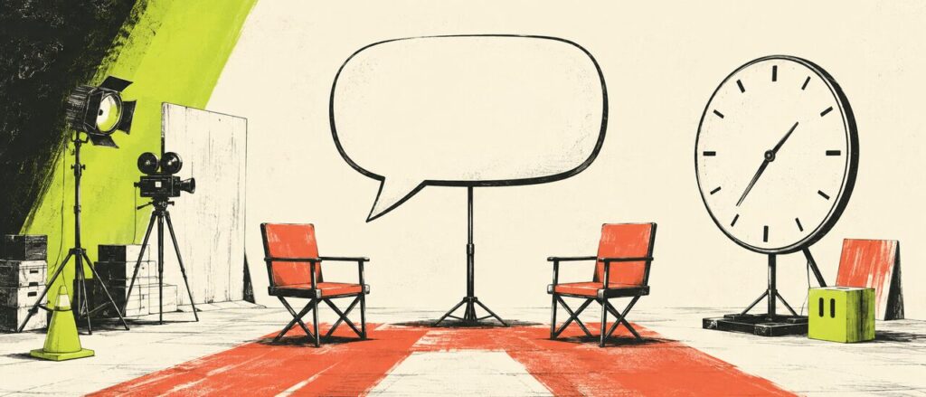 An imaginary film set with empty chairs, a blank speech balloon and an oversized clock.