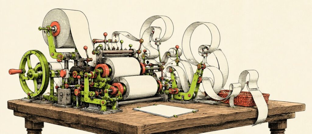 An imaginary desktop machine tangles a simple blank article in oversized revision rollers.