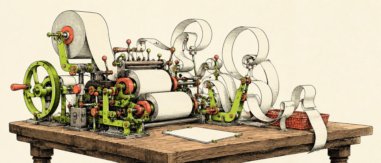 An imaginary desktop machine tangles a simple blank article in oversized revision rollers.
