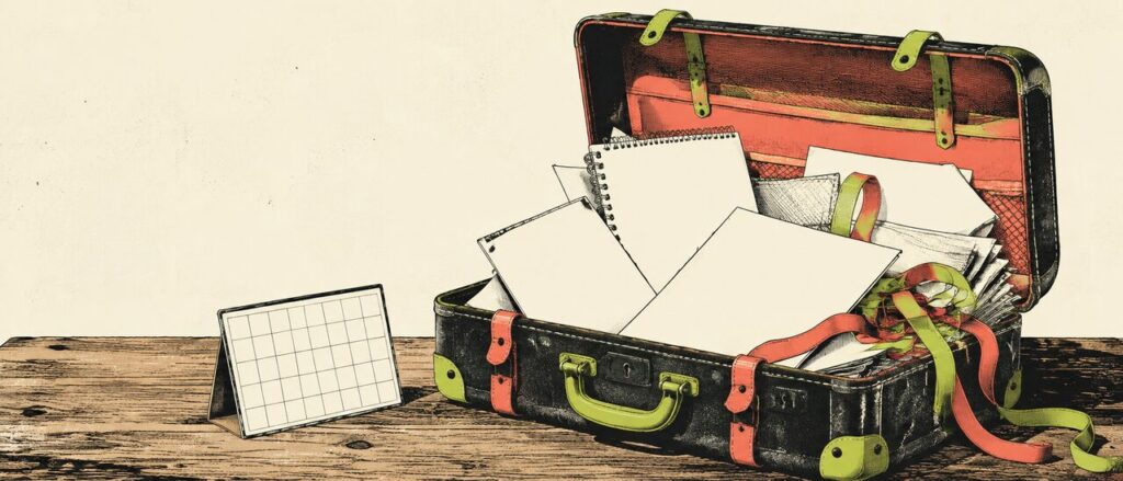 A tiny imaginary calendar tile sits beside a large suitcase spilling blank project sketches.