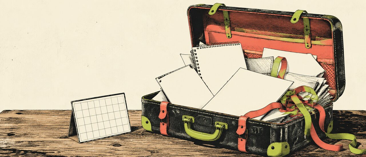 A tiny imaginary calendar tile sits beside a large suitcase spilling blank project sketches.