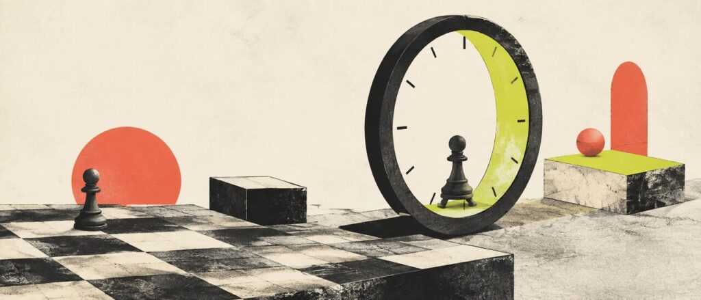 A generic pawn passes through an imaginary clock doorway beside a chessboard.
