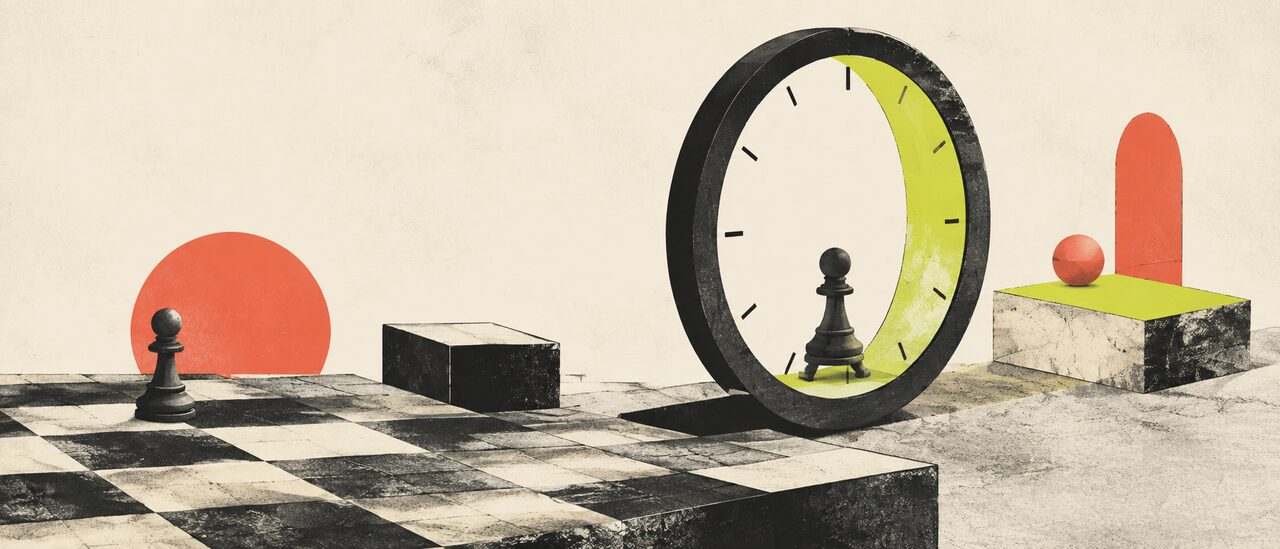 A generic pawn passes through an imaginary clock doorway beside a chessboard.