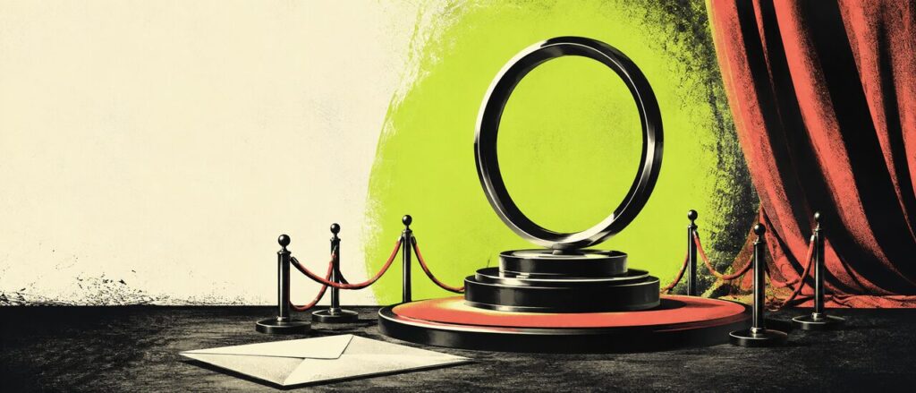 An imaginary awards pedestal displays an empty circular frame behind velvet ropes.
