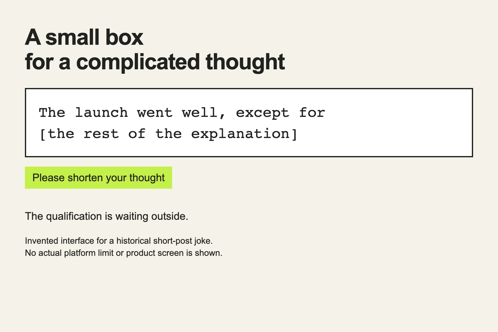 An invented posting box asks a writer to shorten a complicated thought.